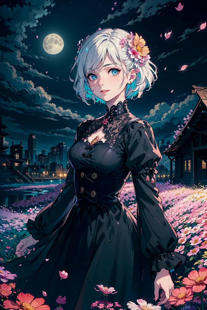 The image is a painting of a young woman with short white and blue hair. She is wearing a black dress with a white collar. The dress has gold buttons. There are pink flowers in her hair and around her. There is a full moon in the background. The background is a cityscape with a river running through it. The sky is dark blue and cloudy.