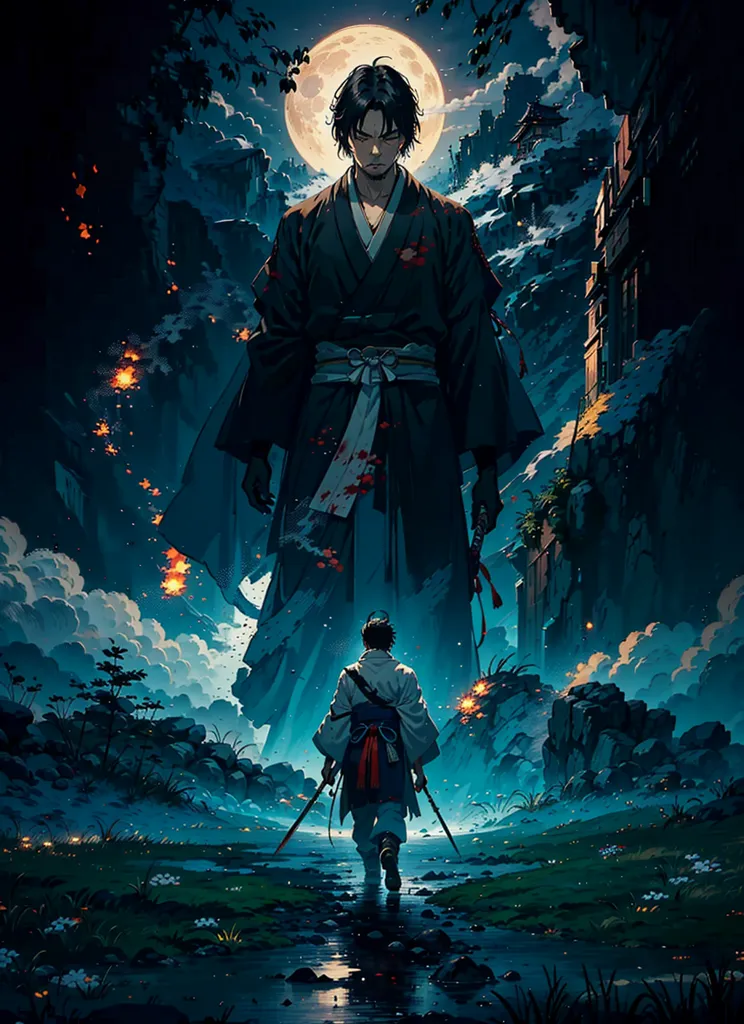 The image is a dark and moody painting of a samurai warrior. The samurai is standing in a forest, and he is surrounded by trees and mountains. The moon is full, and it is casting a long shadow over the samurai. The samurai is dressed in black, and he is carrying a sword. He has a determined look on his face, and it is clear that he is ready for battle. In the foreground of the image, there is a river, and there are some trees and bushes on the banks of the river. The image is full of movement, and it seems as if the samurai is about to leap into action.