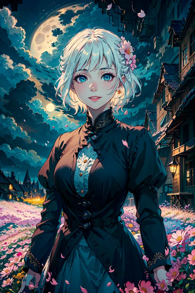 La imagen es de una mujer joven con el cabello corto y blanco y ojos azules. Lleva un vestido negro con un cuello blanco. Hay flores rosas en su cabello y a su alrededor. El fondo es un cielo nocturno con una luna llena. La chica está de pie en un campo de flores, y hay casas y edificios a lo lejos. La imagen tiene un toque suave y romántico.