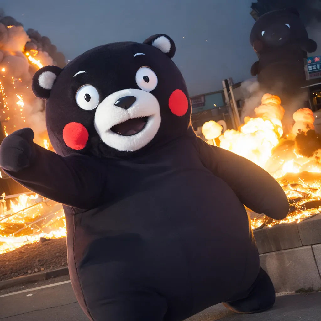 The image shows a black bear mascot with red cheeks and a white belly standing in front of a burning building. The mascot is smiling and has its left arm raised in the air. The background is a dark sky with orange flames. The mascot is wearing a black and red outfit.