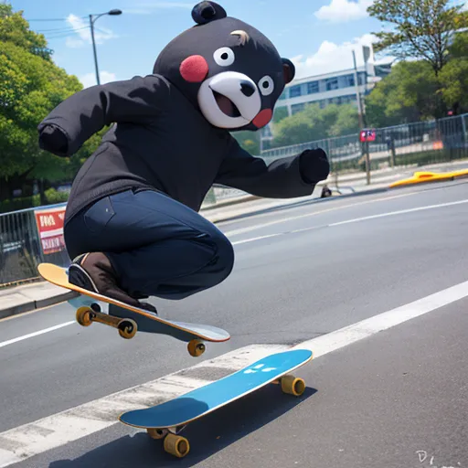 A man dressed in a black bear onesie is skateboarding down a city street. He has a skateboard under each foot and is jumping into the air. He is wearing a black hoodie and jeans. The bear onesie has a red circle on the chest and a red mouth. The man is surrounded by buildings and trees. The street is empty except for the man and his skateboards.