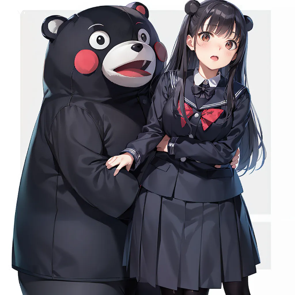 The image is a photo of a young girl with long black hair and brown eyes. She is wearing a black sailor-style school uniform with a red bow. She is standing next to a large black bear mascot with a red circle on its chest. The bear is wearing a black suit and has a surprised expression on its face. The girl is smiling and has her arm wrapped around the bear's arm. The background is a solid white color.