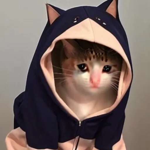 This is a picture of a cat wearing a blue and pink hoodie with cat ears on the hood. The cat is looking at the camera with sad eyes, and its mouth is slightly open. The cat's fur is white and light brown, and its ears are pointed. The background is a light gray color.