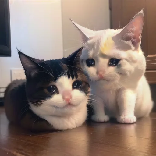 Esta es una imagen de dos gatos sentados en un piso de madera. El gato de la izquierda es blanco y negro, mirando a la cámara con una leve sonrisa en su rostro. El gato de la derecha es blanco con una marca amarilla en la cabeza, y también está mirando a la cámara con una expresión triste y lágrimas en los ojos.