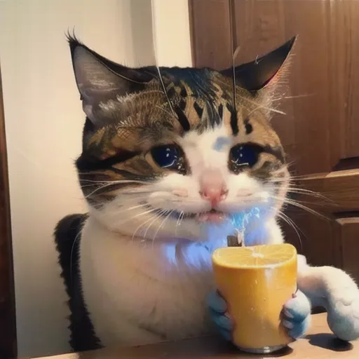 Esta é uma foto de um gato sentado em uma mesa. O gato está segurando um copo de vidro transparente com um canudo. O copo está cheio de um líquido amarelo, possivelmente limonada. O gato tem lágrimas nos olhos e está fazendo uma expressão triste. O pelo do gato é branco com algumas manchas marrons e listras pretas. A mesa é de madeira e tem uma cor marrom clara. O fundo está desfocado, mas parece haver uma porta de madeira do lado direito da imagem.