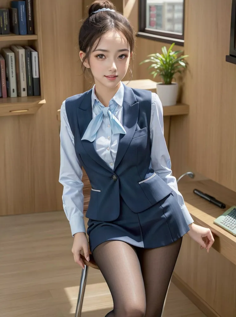 The image shows a young woman wearing a blue vest, white blouse, and black mini skirt. She has black stockings and black high heels. Her hair is in a bun and she has a blue bow tie around her neck. She is sitting on a chair in an office with bookshelves and a desk.