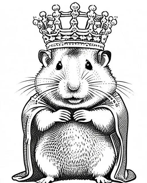 A imagem é um desenho em preto e branco de um hamster usando uma coroa e uma capa. O hamster está em pé sobre as patas traseiras e tem as patas dianteiras juntas na frente do peito. Ele tem um rosto pequeno e redondo, com um focinho curto e dois olhos grandes e pretos. As orelhas são pequenas e pontiagudas, e a cauda é longa e fina. A coroa é decorada com joias e a capa é forrada de pele. O hamster está em pé sobre uma pequena plataforma redonda. O desenho é feito em um estilo realista e o pelo do corpo do hamster é representado com grande detalhe.