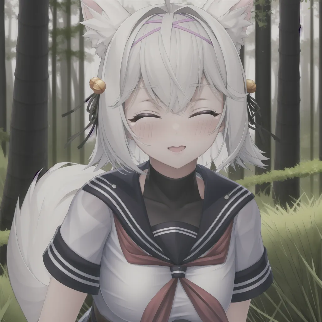 The image is a digital painting of a young woman with white hair and fox ears. She is wearing a white and gray sailor-style uniform with a red scarf. She has a friendly smile on her face and is looking at the viewer. She is sitting in a forest with green grass and tall trees.