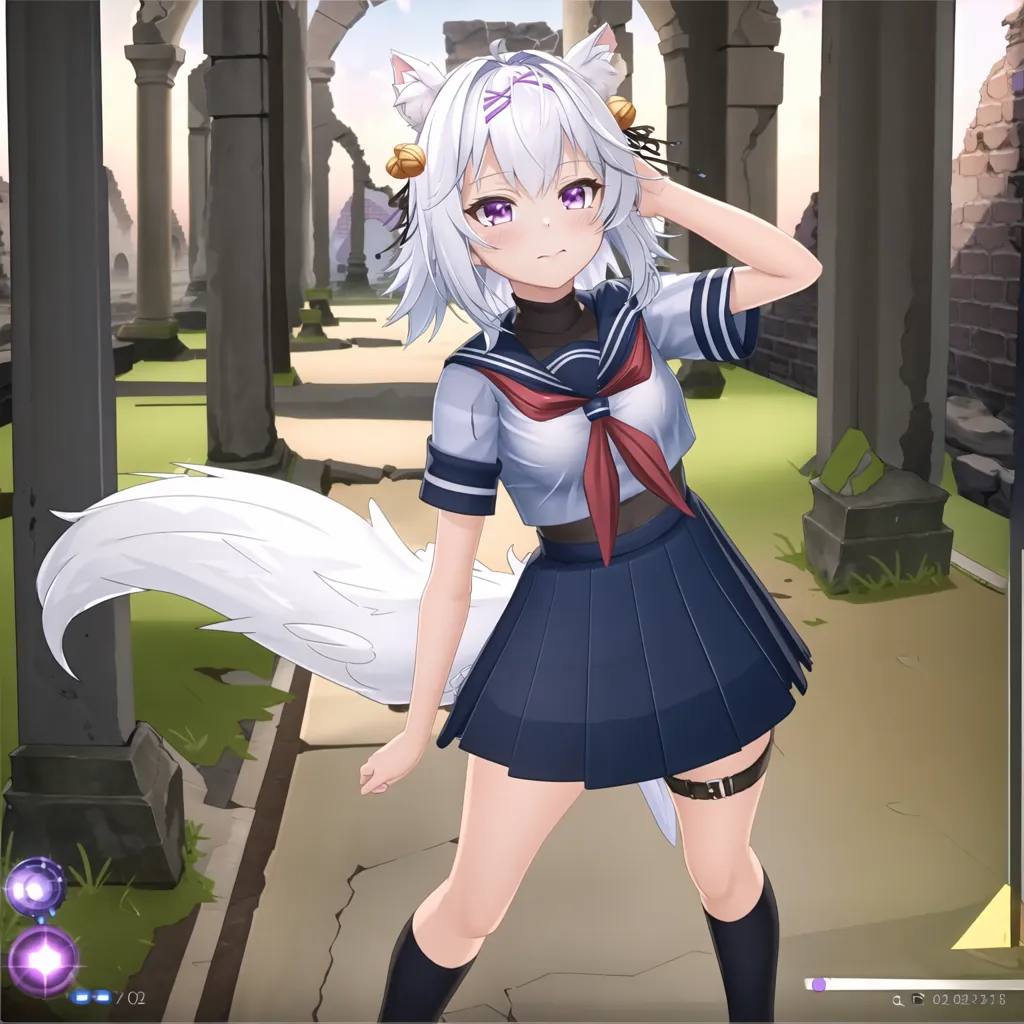 The image is of an anime girl with white hair and purple eyes. She is wearing a white and blue sailor uniform. She has a white tail and cat ears. She is standing in a ruined city. There are stone columns and broken buildings all around her.