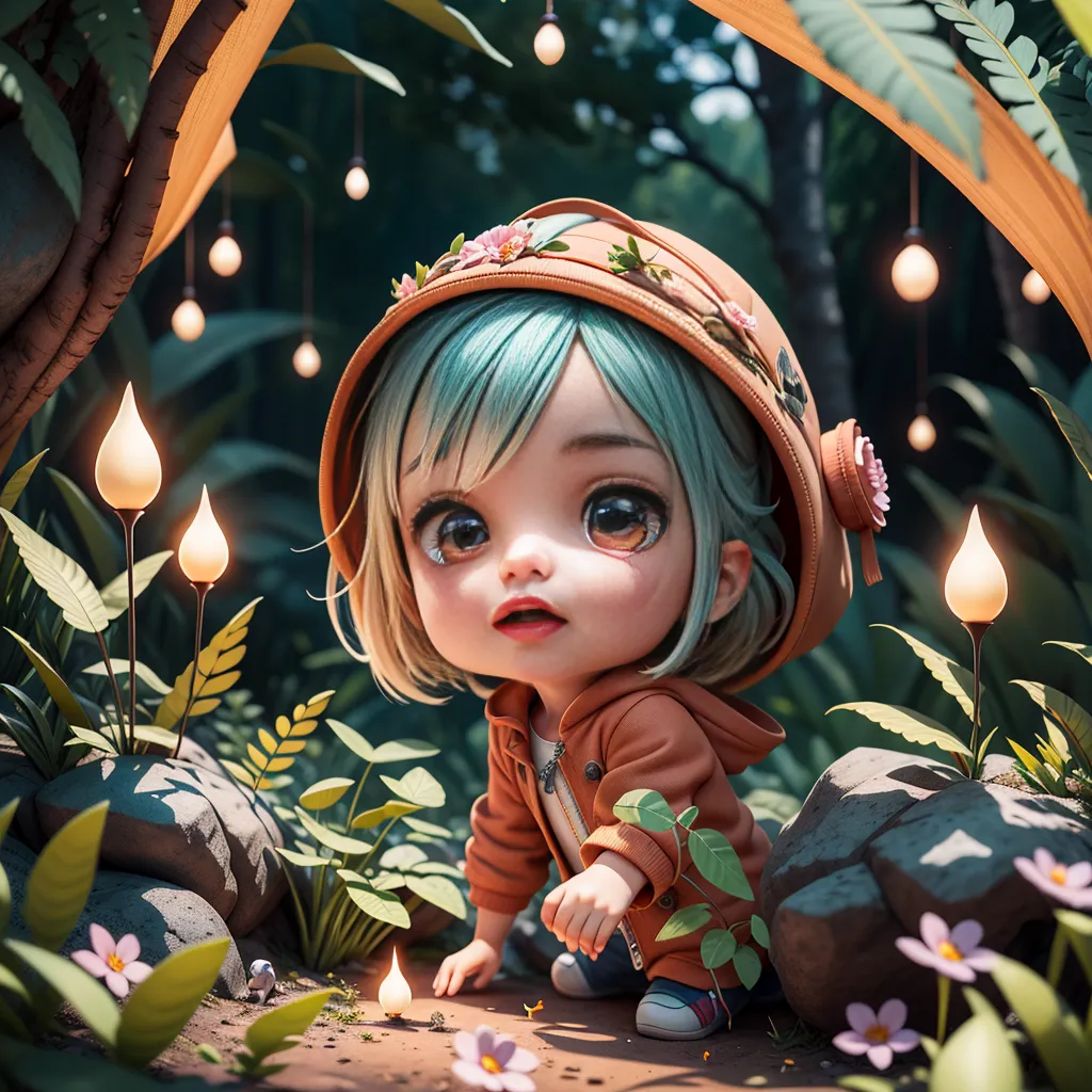 The image is a 3D rendering of a chibi character in a forest setting. The character is a young girl with green hair and blue eyes. She is wearing an orange jacket and a brown hat with flowers on it. She is kneeling on the ground and looking at a small glowing creature. The forest is full of lush vegetation and there are several glowing flowers and mushrooms in the background.