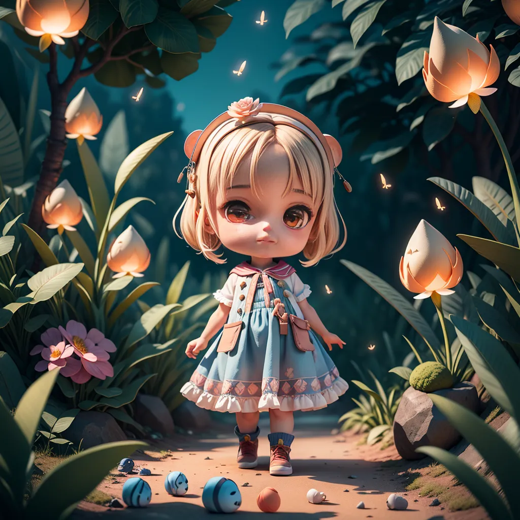 La imagen es un renderizado 3D de un personaje chibi en un entorno de bosque. El personaje es una niña joven con cabello rubio y ojos marrones, que lleva un vestido azul y blanco. Está de pie en un camino en el bosque, rodeada de hierba alta y flores. También hay varias criaturas pequeñas en la imagen, incluyendo mariposas, pájaros y un caracol. El esquema de color general de la imagen es suave y pastel, y la iluminación es cálida y acogedora.