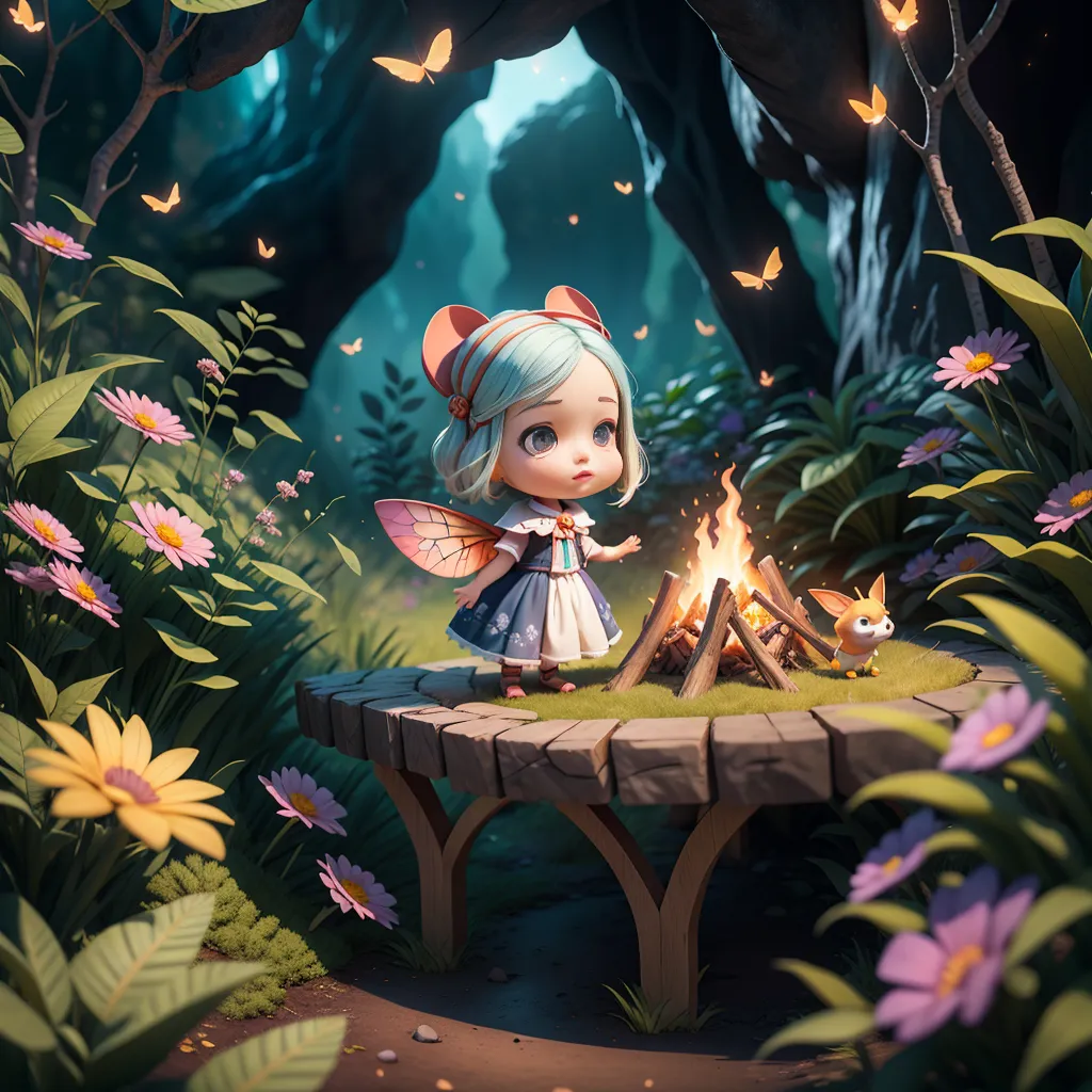 The image is a whimsical depiction of a forest scene. A cute, anime-style fairy with blue hair and pink wings is sitting on a wooden table in the middle of a forest. She is wearing a white dress with a blue sash and has a curious expression on her face. She is looking at a campfire on the table. A small fox is sitting next to the campfire. The fairy is surrounded by flowers and butterflies. The forest is depicted in shades of blue and green and there are several types of mushrooms on the ground.