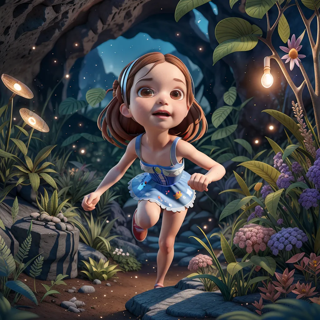 The image is of a young girl with brown hair and blue eyes. She is wearing a blue dress and running in a forest. The forest is full of green plants and flowers. There are also some small mushrooms on the ground. The girl is smiling and looks happy. She is running towards a small opening in the forest.