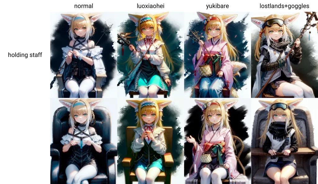 The image shows a character with blonde hair and fox ears in different outfits and poses. The character is depicted in a variety of clothing styles, including a yukata, a kimono, and a casual outfit. The character is also depicted in different poses, including sitting, standing, and holding a staff.