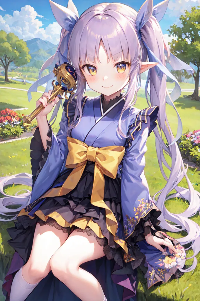 The image is an anime-style drawing of a girl with long purple hair and yellow eyes. She is wearing a blue and purple kimono with a yellow obi and a white haori. She is also wearing a pair of white socks and black shoes. She is sitting on the grass in a field of flowers and holding a staff with a crescent moon on top in her right hand. There are trees and mountains in the background. The sky is blue and there are some clouds in the sky.