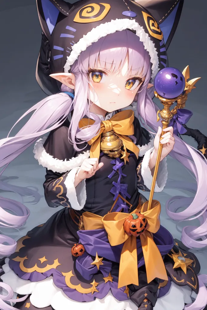 L'image représente une fille de style anime aux longs cheveux violets et aux oreilles de chat. Elle porte une robe noire et violette avec une capuche ressemblant à un chat et un nœud jaune. Elle tient également un bâton avec une boule violette à l'extrémité. La fille se tient devant un fond gris.