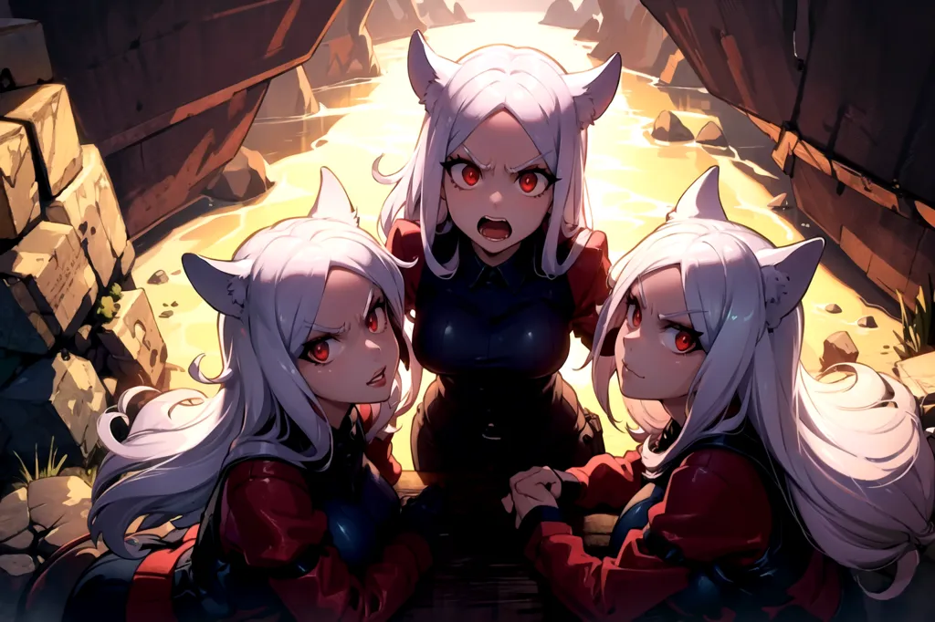 This image shows three anime-style girls with white hair and red eyes. They are all wearing red and black outfits and have cat ears. They are standing in a dark cave with water on the ground. The girl in the middle is taller than the other two and has her hands on the shoulders of the other two girls. She is looking at the viewer with an angry expression. The girl on the left is looking at the girl in the middle with a worried expression. The girl on the right is looking at the viewer with a challenging expression.