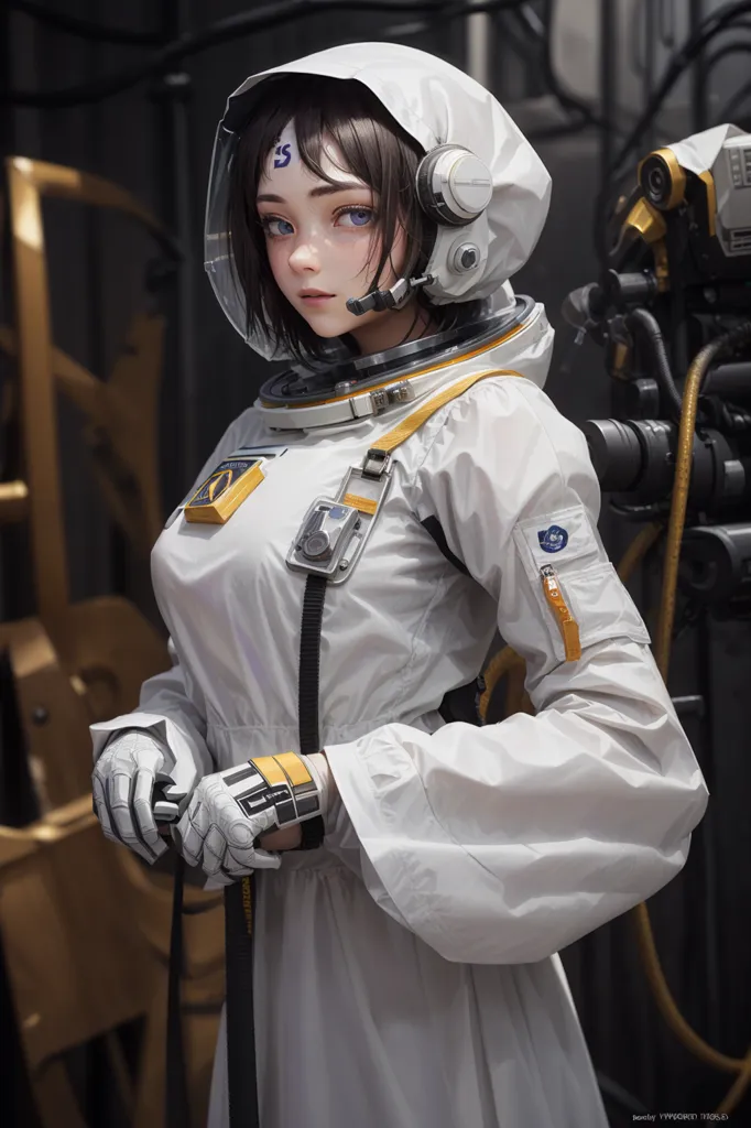 The image is a painting of a young girl in a spacesuit with a white and yellow spacesuit with a clear bubble helmet. She is standing in front of a large machine. The painting is done in a realistic style, and the girl's expression is one of determination and excitement. The painting is set in the future, and the girl is clearly on a mission to explore space.