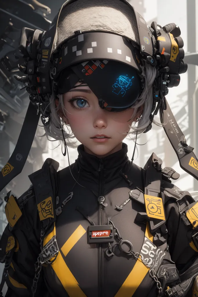 The image is of a young woman with short white hair and blue eyes. She is wearing a black and yellow outfit and has a lot of technological gadgets attached to her head and body. There is a screen in front of her right eye. She is standing in a dark room with a lot of machinery in the background.