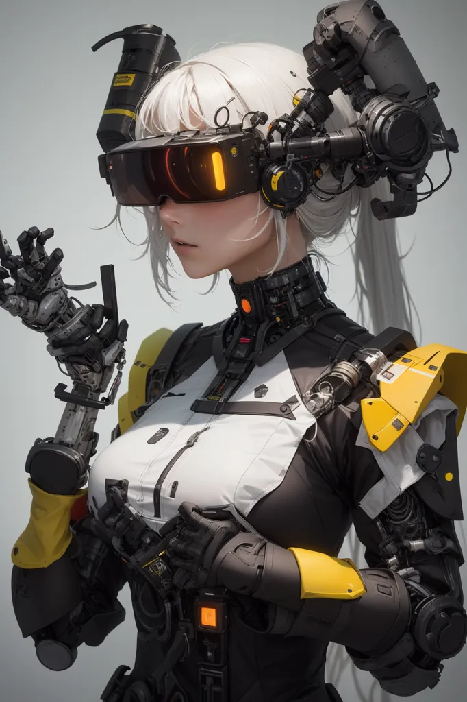 The image is a portrait of a young woman with white hair and yellow eyes. She is wearing a black and white bodysuit with yellow accents and a pair of goggles. Her right arm is cybernetic, with wires and metal plates visible. She is also wearing a pair of gloves and a headset. The background is a light gray.