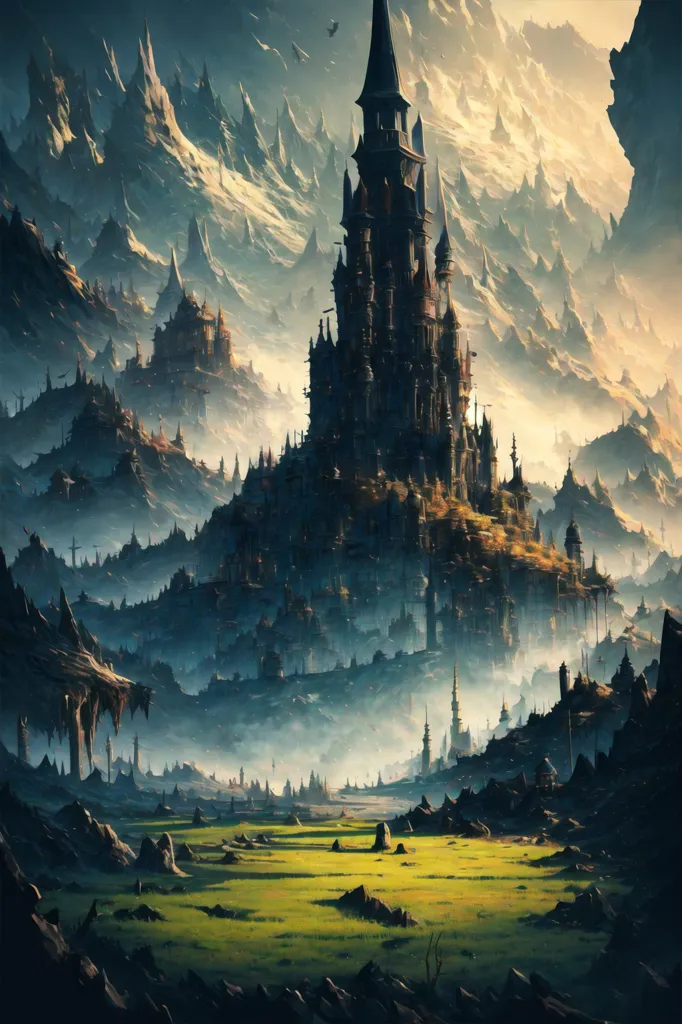 The image is of a dark fantasy landscape. There is a large castle in the middle of the image, with mountains in the background and a valley in the foreground. The castle is made of black stone and has a large tower in the center. The mountains are covered in snow and the valley is filled with trees. There is a river running through the valley and a small village can be seen in the distance. The sky is dark and cloudy and there is a storm brewing.