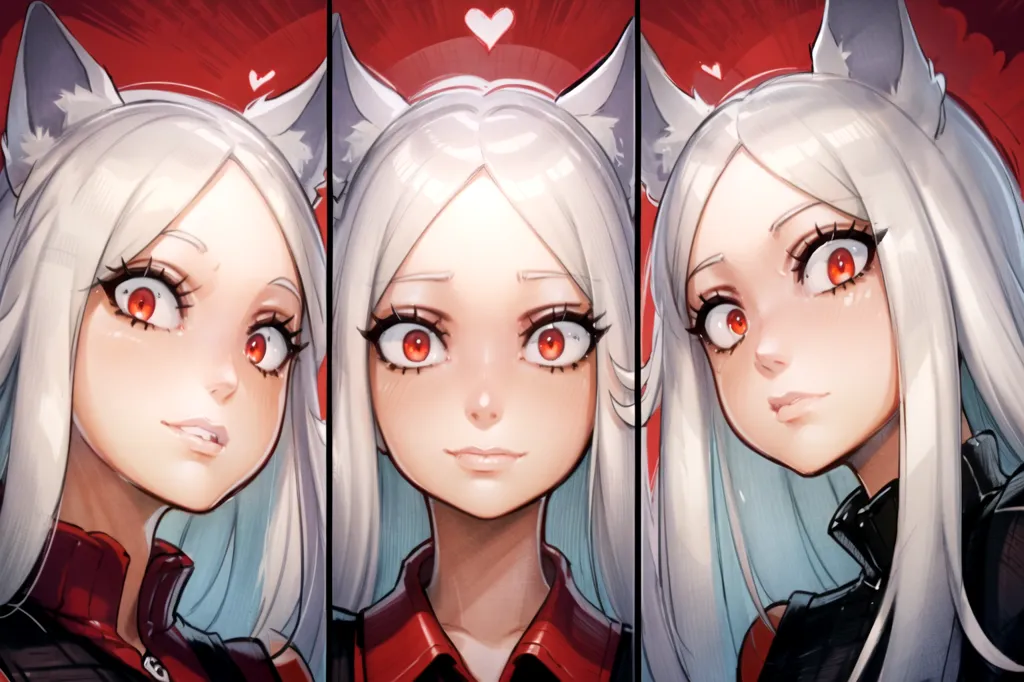 The image shows a young woman with white hair and red eyes. She is wearing a red jacket and has cat ears. She is making three different expressions. In the first expression, she is smiling with her eyes closed. In the second expression, she is looking at the viewer with a serious expression. In the third expression, she is smiling with her tongue out.