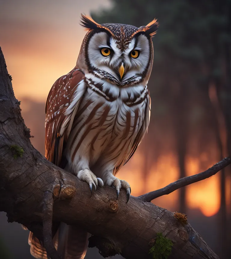 Ceci est une photographie d'un hibou perché sur une branche devant un coucher de soleil. Le hibou est brun et blanc avec de grands yeux jaunes. La branche est épaisse et brun foncé. Le coucher de soleil est orange et jaune. Le hibou regarde l'appareil photo.