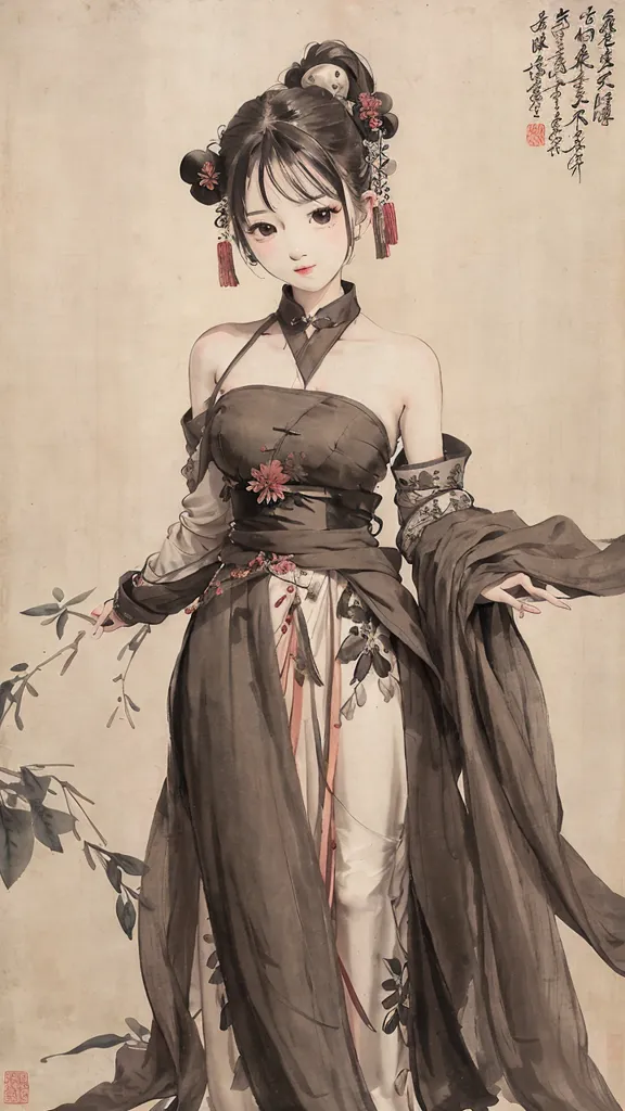 L'image est une peinture d'une femme chinoise vêtue d'une robe traditionnelle chinoise. La femme se tient debout, les bras écartés, et son expression est sereine. La peinture est réalisée dans un style réaliste, et l'artiste a utilisé des couleurs atténuées pour créer un sentiment de tranquillité.