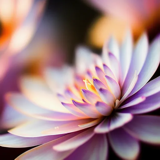 The image is a close-up of a beautiful flower with pinkish-purple petals. The edges of each petal are a deeper shade of pink. The outermost petals on the bottom of the flower are purple with a green tinge. There is a deep green leaf on the bottom left of the flower. The flower is out of focus in the background. The background is a dark purple.