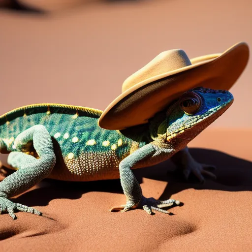 A green and blue lizard wearing a brown cowboy hat is crawling on the sand.