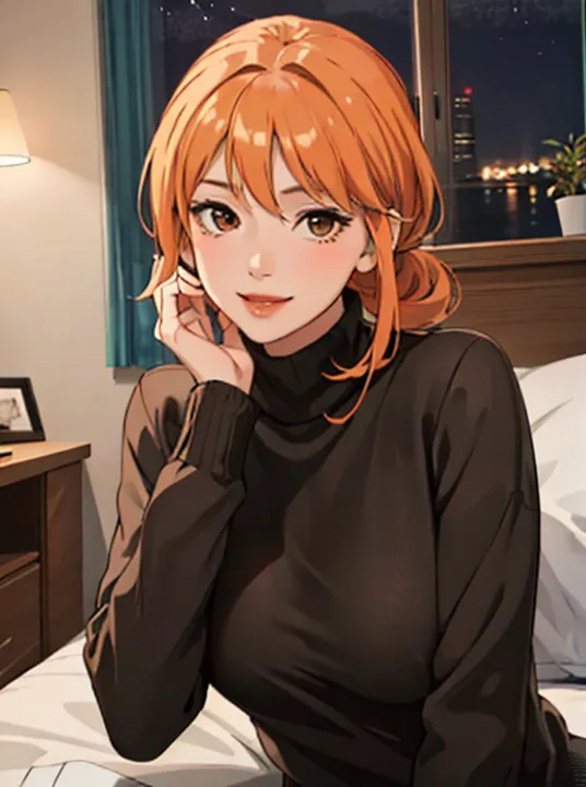 The image is a painting of a young woman with orange hair and brown eyes. She is wearing a brown turtleneck blouse and has her hair in a loose bun. She is sitting on a bed with a pensive expression on her face and one hand resting on her cheek. In the background, there is a window with a view of a cityscape at night.