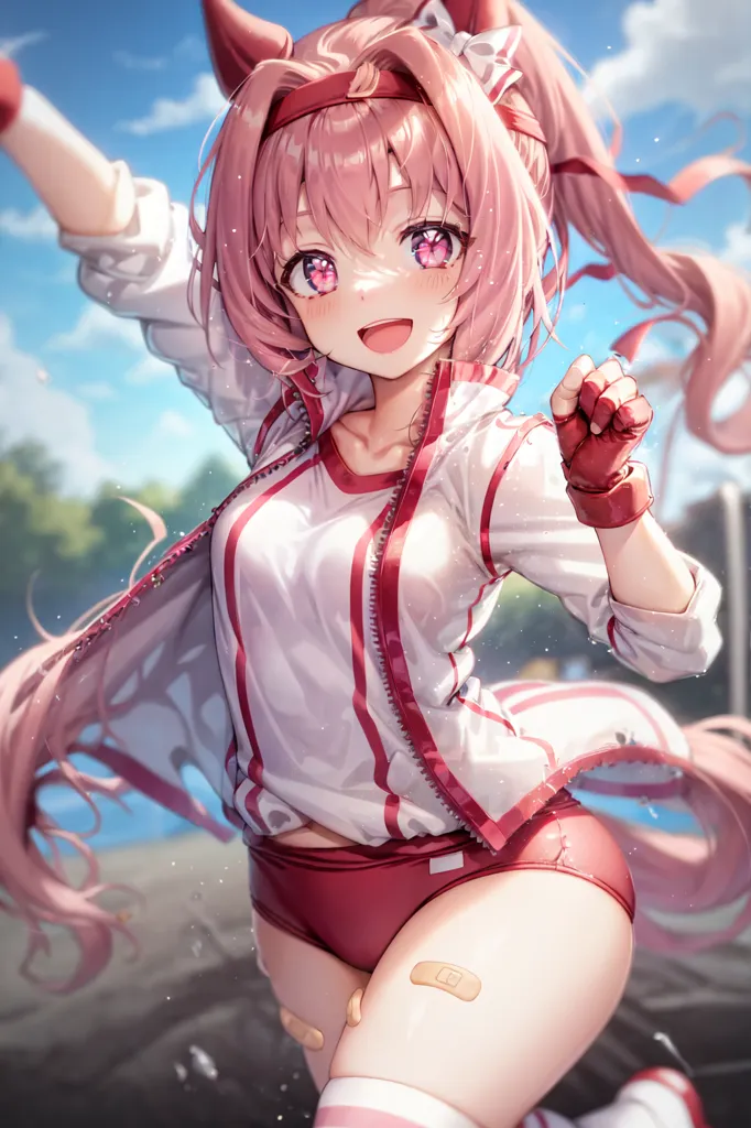 The image shows a young woman with pink hair and purple eyes. She is wearing a white and pink tracksuit with a red sports bra. She is smiling and has her arms raised in the air. She is standing in a park with a lake in the background.