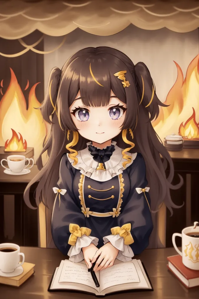 This image shows an anime-style girl with long brown hair and purple eyes. She is wearing a black and gold dress with a white collar. She is sitting at a desk, writing in a book. There are two cups of tea and a book on the desk. There is a fireplace behind her with orange flames.