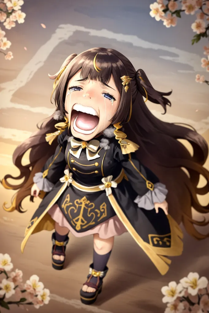 The image shows an anime-style girl with brown hair and brown eyes. She is wearing a black and gold military-style outfit with a white bow. She is crying with her mouth wide open and tears streaming down her face. She is standing in a field of white flowers. The background is a blur of light pink.