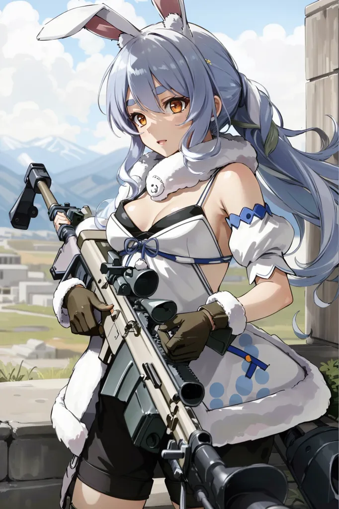 The image is of a young woman with long white hair and rabbit ears. She is wearing a white dress with a blue bow and a black choker. She is also wearing a pair of brown gloves and a pair of black boots. She is holding a large gun in her hands. She is standing in a grassy field with a large building in the background.