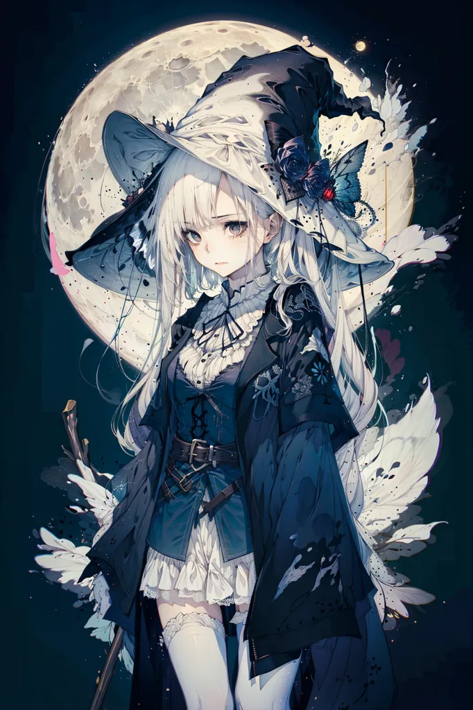 The image is of a young woman dressed as a witch. She has long white hair and blue eyes. She is wearing a black pointed hat with a red rose on the side and a black dress with a white collar. She is also wearing a brown belt with a silver buckle. She is standing in front of a large full moon. There are bats flying around her and a butterfly in her hair. The background is dark blue.