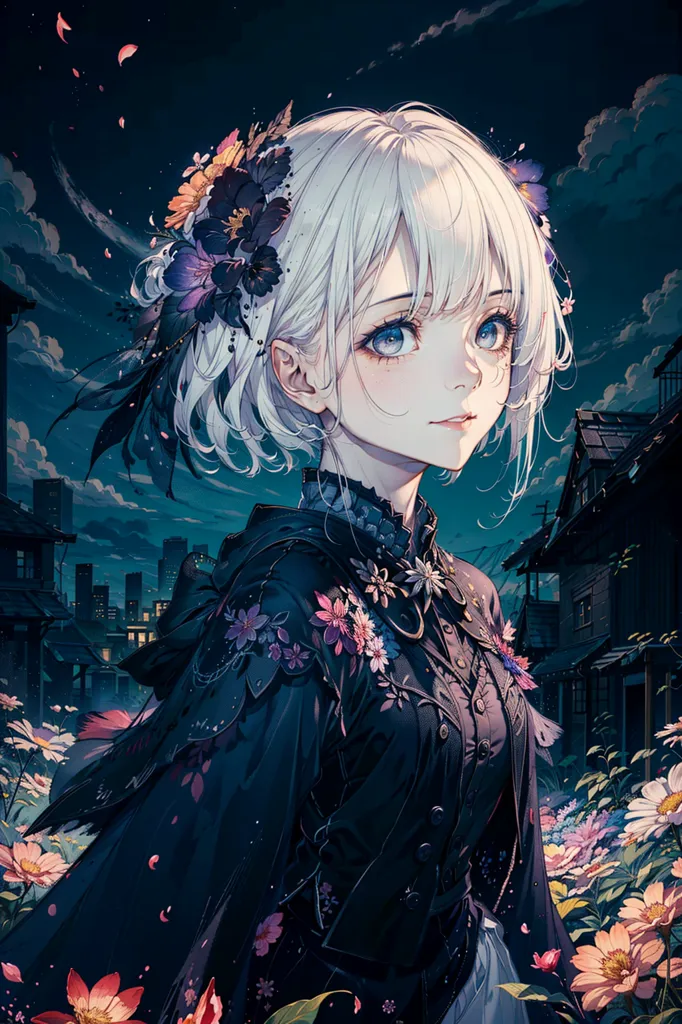 The image is of a young woman with white hair and blue eyes. She is wearing a black dress with a white collar. The dress is decorated with pink, purple, and blue flowers. She is also wearing a black cape with a hood. The hood is lined with white fur. The woman is standing in a field of flowers. There are also flowers in her hair. The background is a night sky with a few stars. The woman is smiling.