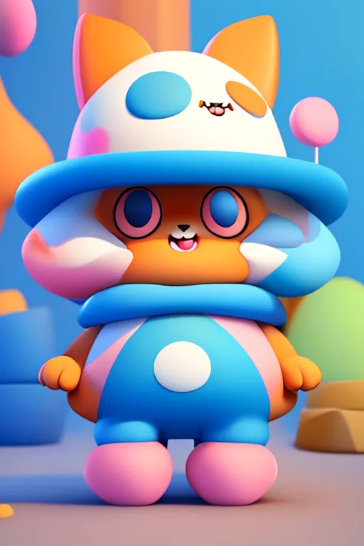 The image is a 3D rendering of a cartoon cat. The cat is wearing a blue and white hat with a lollipop on top, and a blue and white outfit. The cat has orange fur, blue eyes, and a pink nose. It is standing on a blue platform, and there are blue and green objects floating in the background. The cat is smiling and has its arms outstretched.