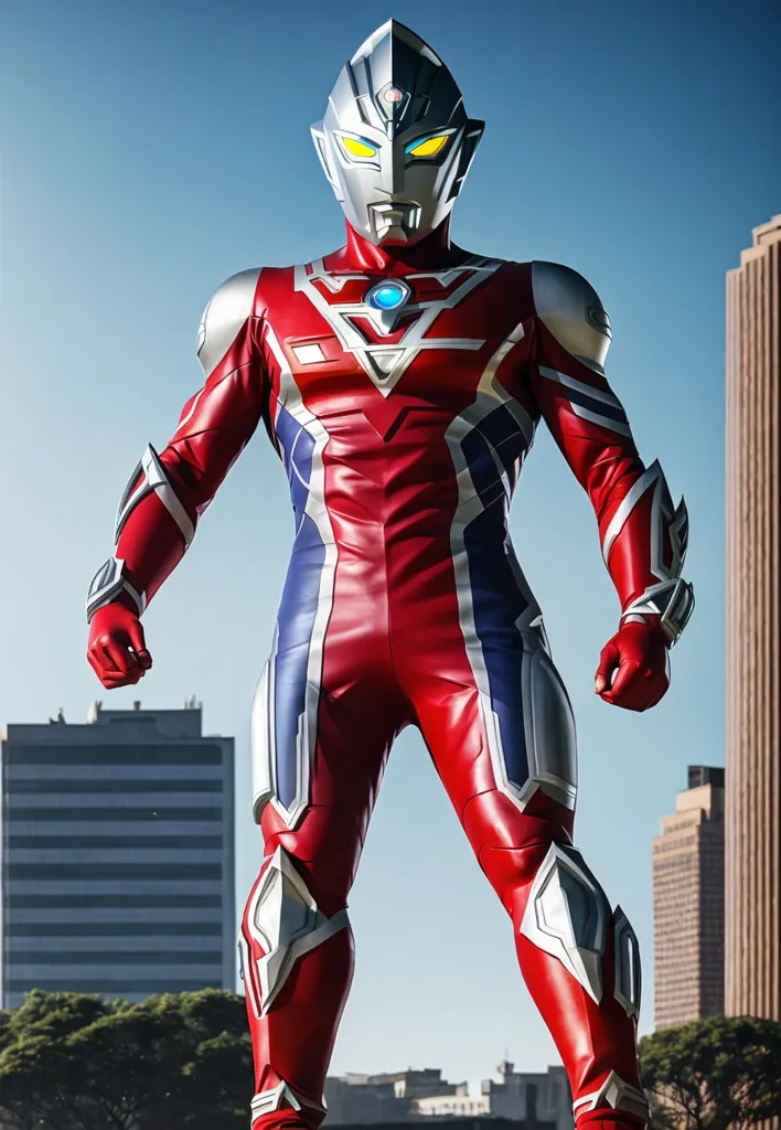 The image shows a man-sized superhero standing in a city. He is wearing a red and silver suit of armor and has a blue crystal on his chest. His eyes are blue and he has a silver mask on his face. He is standing in a powerful pose and looks ready to fight. The background of the image is a city with tall buildings and a blue sky.