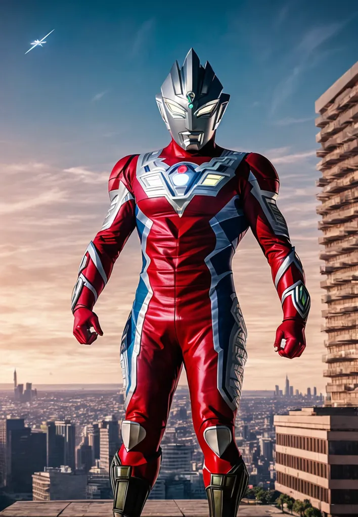 The image shows a man in a red and silver superhero suit standing on a rooftop. He is looking down at the city below. The city is in the background and is out of focus. The man is wearing a helmet with a visor. The visor is reflecting the light from the city. The man's suit has a red and silver design. The man is standing in a powerful pose. His fists are clenched and his feet are shoulder-width apart. The image is taken from a low angle, making the man look even more powerful.