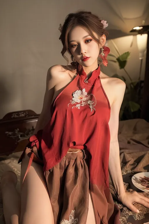 The image shows a woman wearing a red cheongsam (qipao), a traditional Chinese dress. The dress is sleeveless and has a high collar. It is also split at the sides, showing off the woman's legs. The woman is sitting on a bed, and her hair is left down. She is wearing makeup, and her lips are