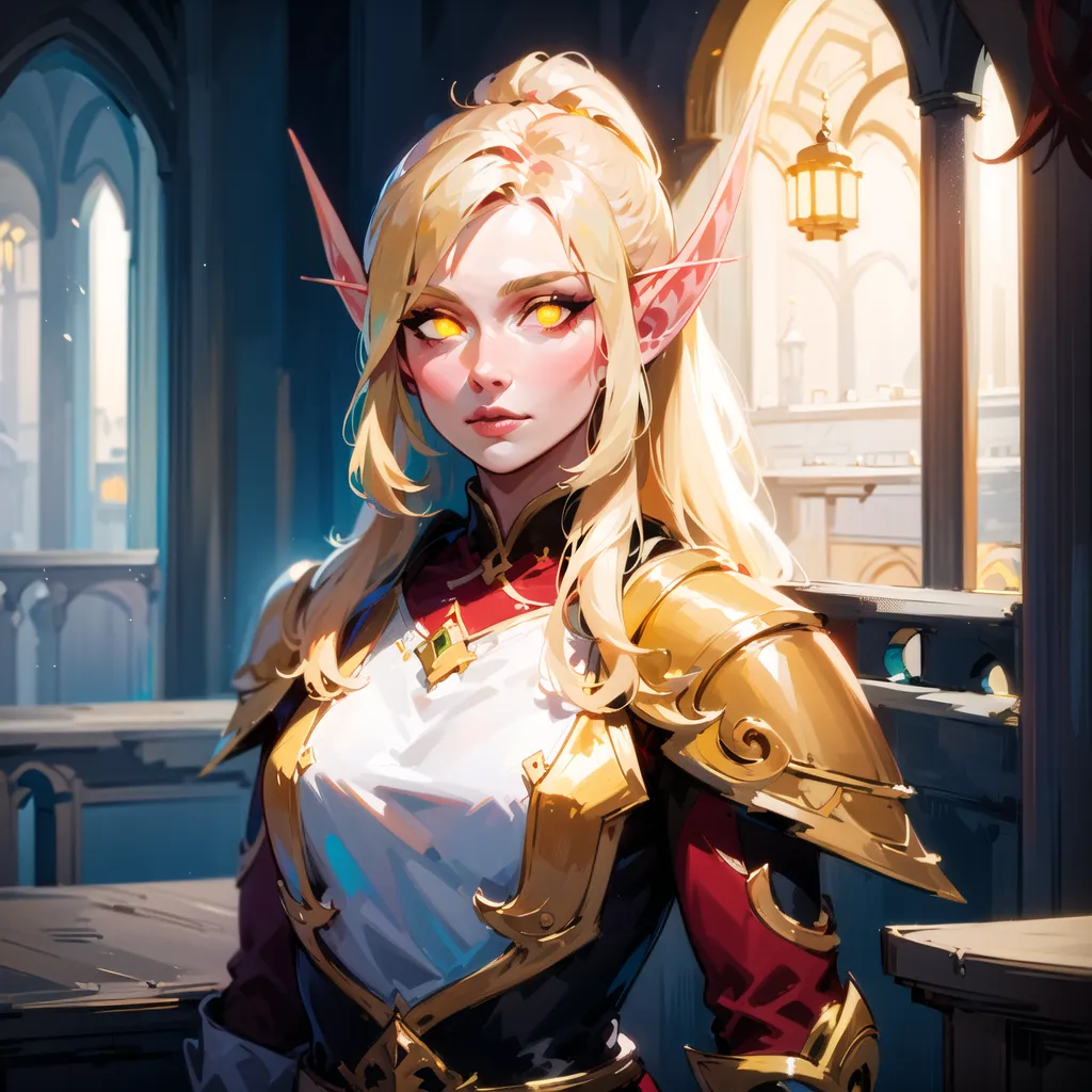 This is an image of a female blood elf from the Warcraft video game series. She is wearing golden armor and a red cape. She has long blonde hair and yellow eyes. She is standing in a room with a stone floor and wooden beams. There is a lantern on the right side of the image.