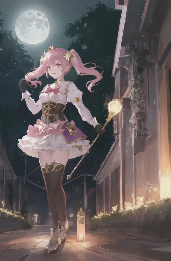 The image is an anime-style drawing of a girl in a fantasy setting. She has pink hair and blue eyes, and is wearing a white and pink dress with a corset. She is also wearing a brown belt and a pair of brown boots. She is holding a staff in her right hand and there is a lantern on the ground near her left foot. The background is a street in a medieval-style town, with a full moon in the sky.