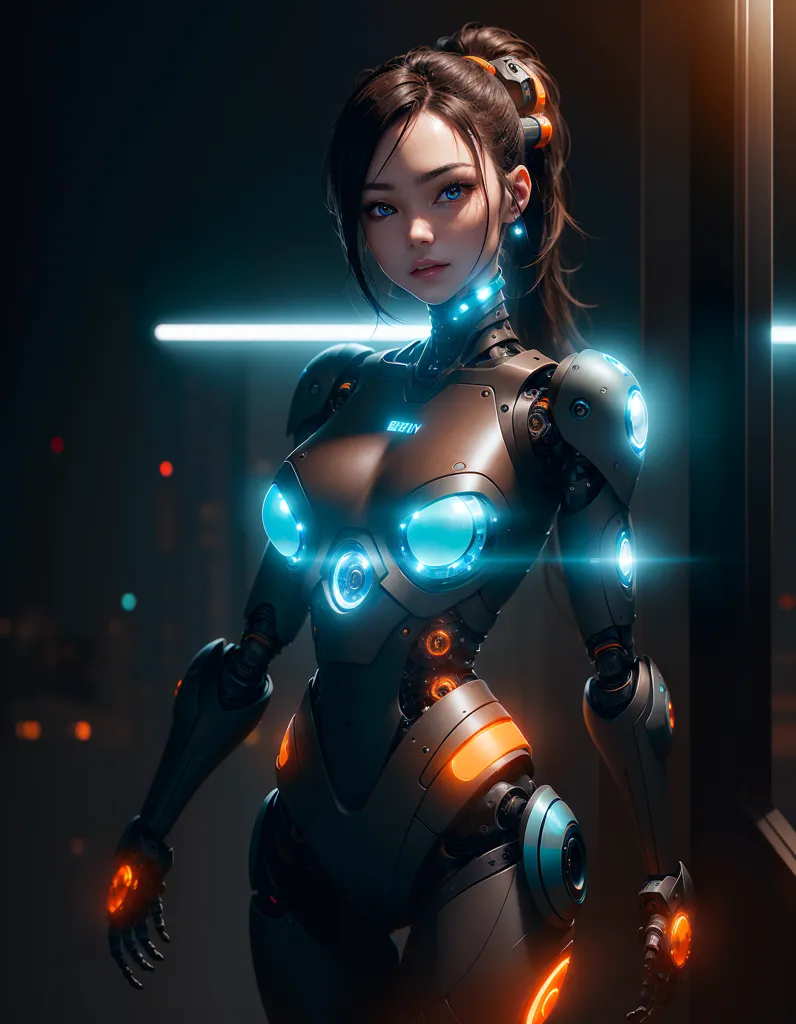 The image is a digital painting of a young woman with brown hair and blue eyes. She is wearing a black and gray bodysuit with orange and blue highlights. The suit has several glowing blue lights on the chest and arms. She is also wearing a pair of black boots with orange soles. The woman is standing in a dark room with a bright light in the background. There are several small, glowing lights in the background as well. The woman has a serious expression on her face. She is looking at the viewer with her head tilted slightly to the right.