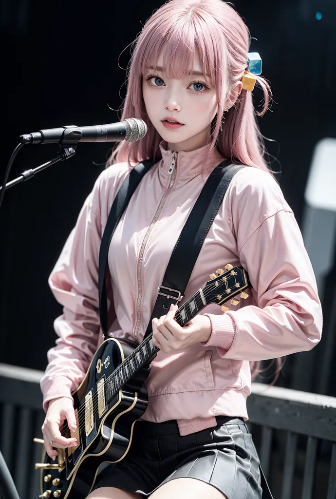 The image shows a young woman with pink hair and blue eyes. She is wearing a pink jacket, black suspenders, and a black skirt. She is playing a black electric guitar and there is a microphone in front of her. She is standing on a stage and there is a crowd of people in the background.