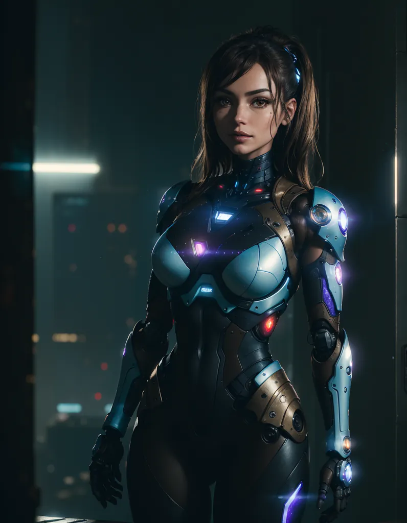 The image is a digital painting of a young woman wearing a futuristic suit of armor. The woman is standing in a dark room, with only a few lights illuminating her figure. She is looking at the viewer with a serious expression.

The woman is wearing a black and blue bodysuit that covers her entire body. The suit is made of a material that looks like metal or plastic, and it has several glowing blue lights on it. The woman's arms and legs are covered in armor, and she is wearing a helmet that has a visor over her eyes.

The woman's hair is dark brown and it is tied back in a ponytail. Her skin is pale and flawless. She has a small nose and full lips. Her eyes are a deep blue color and they are almond-shaped.

The image is very realistic and the woman looks like she is a real person. The artist has used a lot of detail in the painting, and the woman's expression is very well done. The image is also very atmospheric, and the dark background helps to create a sense of mystery and intrigue.