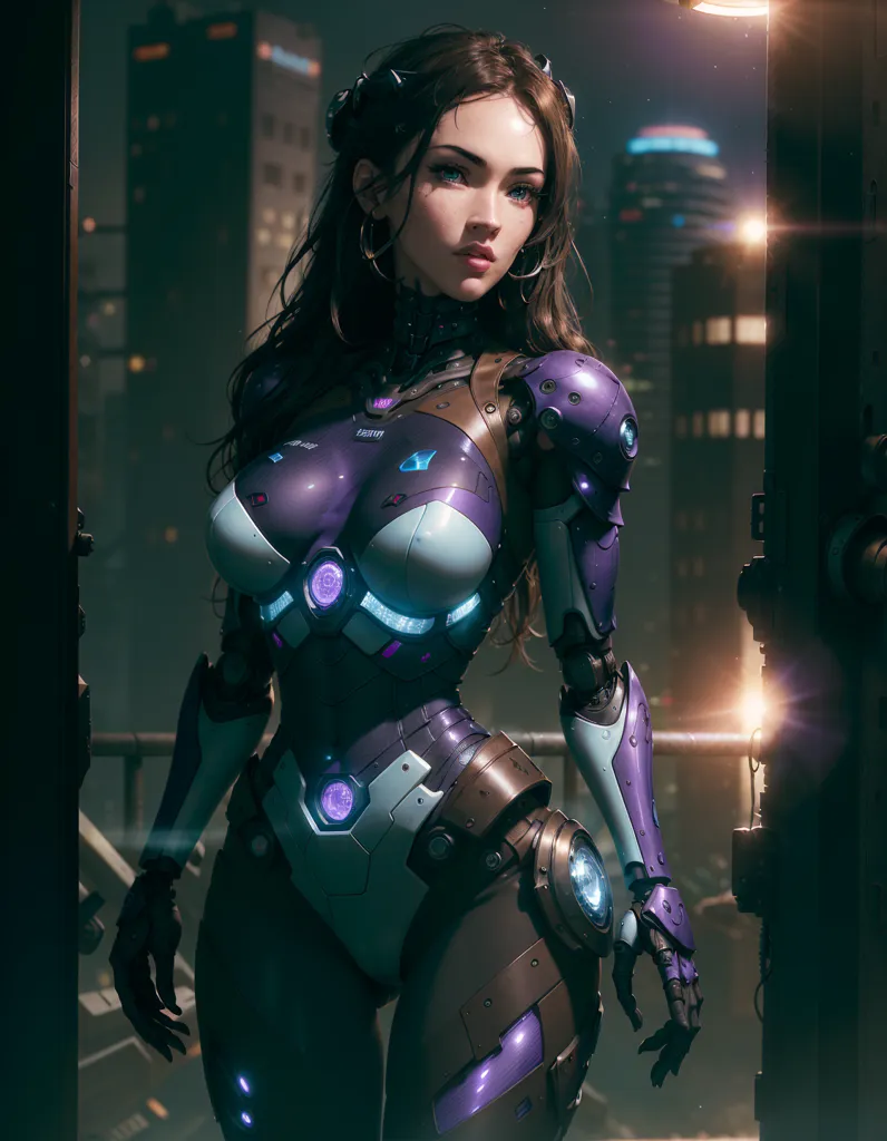 The image is a digital painting of a young woman standing in a dark, futuristic city. She is wearing a purple and blue bodysuit with a metallic sheen, and her hair is long and flowing. Her eyes are a light blue color, and her skin is pale. She is standing in front of a building, and there are lights in the background. The image is realistic and detailed, and the artist has used a variety of techniques to create a sense of depth and atmosphere.