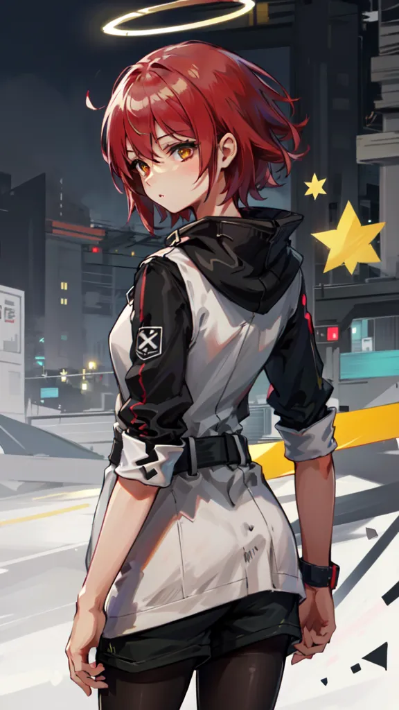 This is an image of an anime-style girl with red hair and yellow eyes. She is wearing a white jacket with a black hood and black shorts. She has a yellow halo above her head and is standing in a city street with tall buildings and city lights in the background. She is looking back at the viewer with a serious expression on her face.