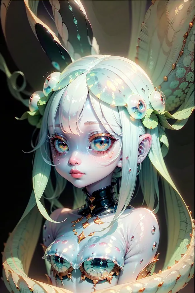 The image is a digital painting of a young woman with long, flowing white hair and green eyes. She is wearing a white dress with a green sash and has a strange, glowing object in her hair. The background is a dark color. The woman's expression is serious and thoughtful.