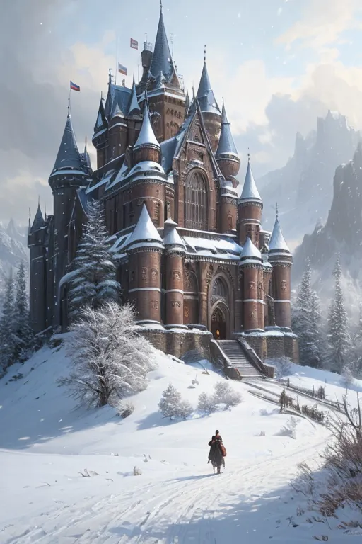 The image is a digital painting of a castle in a snowy landscape. The castle is made of gray stone and has a tall tower with a red roof. There are trees and mountains in the background. A figure in a red cloak is walking towards the castle.